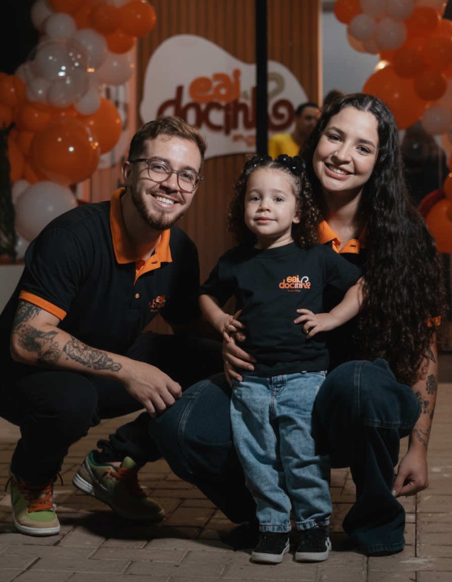 Família fundadora da Eai Docinho na inauguração da loja em Mirassol